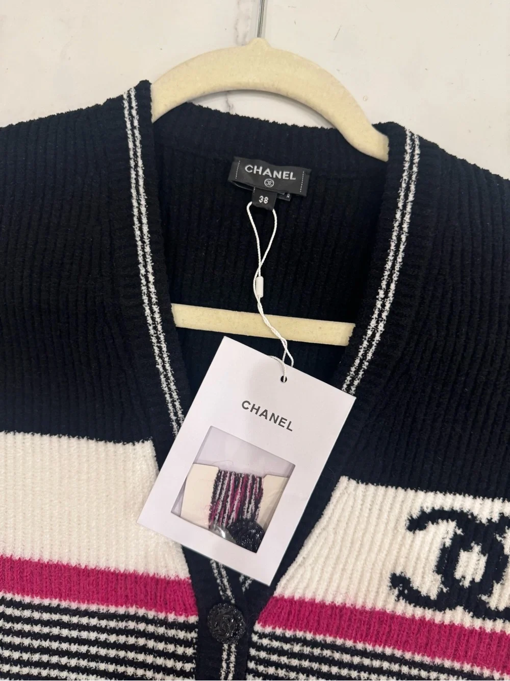 Black, White & Pink Striped Knit Cardigan With CC Logo